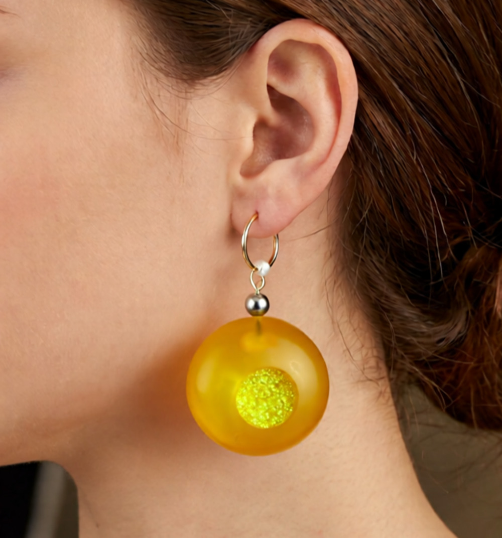 Handmade fused glass dangle earrings yellow glass iridescent dichroic center